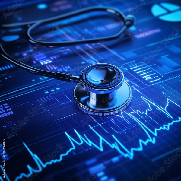 Fototapeta A stethoscope placed on a digital medical screen displaying vital health data.