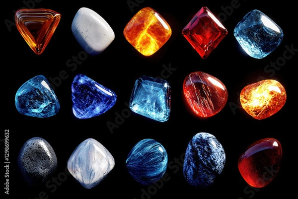 Fototapeta Set of polished gemstones in various shapes and vivid colors, including blue, red, orange, and white, isolated on black background
