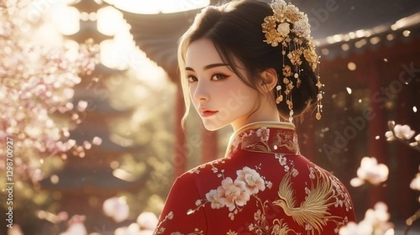 Fototapeta Hyperrealistic photograph of a graceful Chinese woman wearing a luxurious red and gold qipao, embroidered with intricate phoenix and peony patterns.