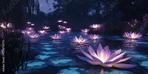 Fototapeta Glowing water lilies illuminate a calm pond under a starry night sky in a tranquil natural setting
