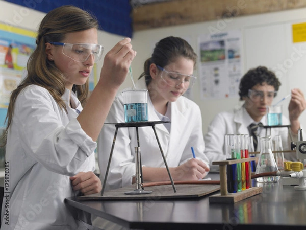 Fototapeta Teenage students caring out experiments in chemistry class