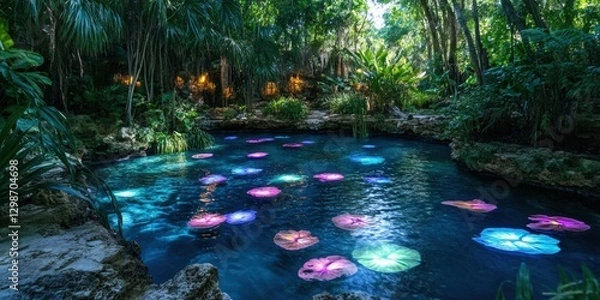 Obraz Tranquil water garden at night featuring multicolored lily pads in lush tropical surroundings