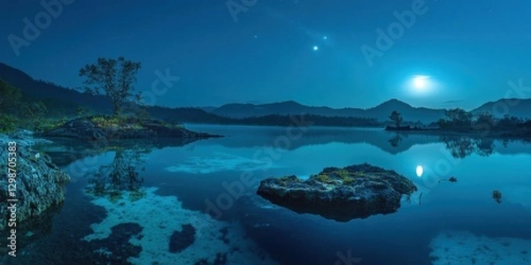 Obraz Nighttime tranquility by the lake under a luminous sky filled with stars and planets