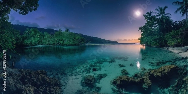 Obraz Tranquil beach cove at twilight under moonlight with clear water and lush vegetation in tropical paradise