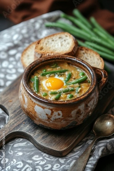Fototapeta Creamy Green Bean Soup with Egg and Slices of Fresh Bread