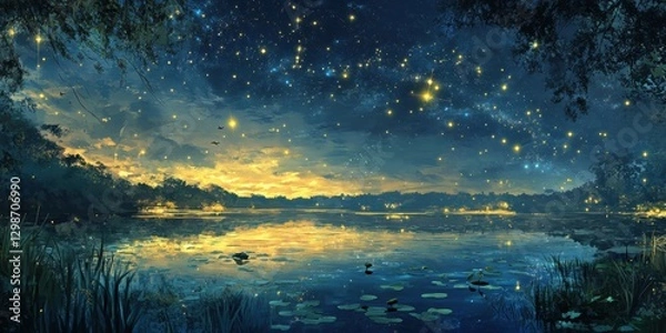 Fototapeta Night sky filled with stars above a serene lake at twilight with reflections on the water