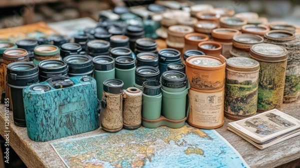 Fototapeta Binocular collection displayed outdoors on table, antique map background, vintage style