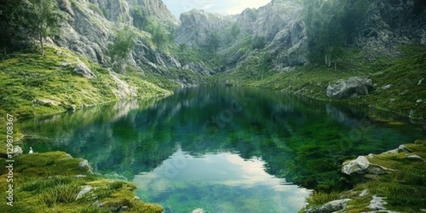 Obraz Serene mountain lake reflecting rocky cliffs under soft daylight in a lush natural environment