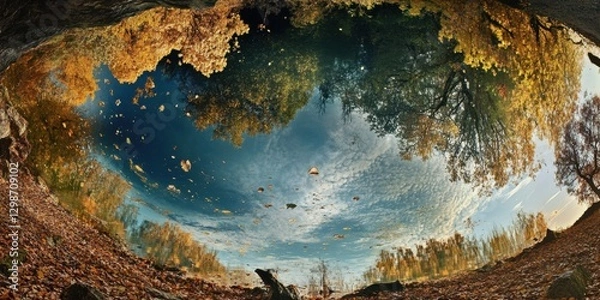 Fototapeta Reflection of autumn foliage on a serene lake creating a stunning visual panorama at sunset