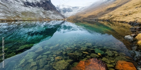 Fototapeta Serene mountain lake reflecting snow-capped peaks and lush hills during a calm morning