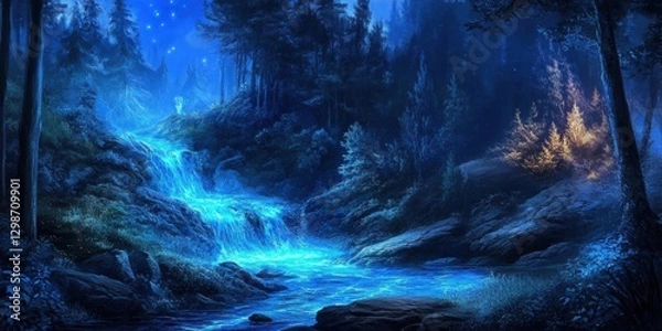 Fototapeta Enchanting blue waterfall cascading through a serene forest at twilight with sparkling stars above