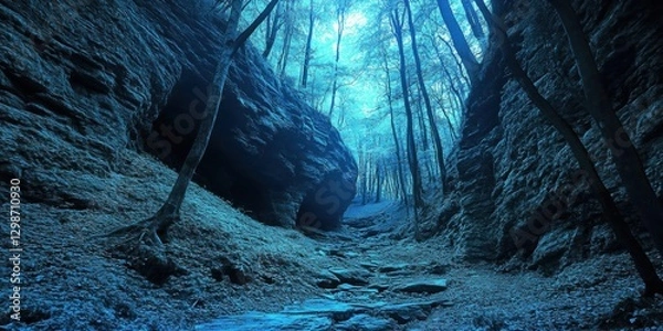 Obraz Serene forest canyon with vibrant blue light shining through the trees during a peaceful afternoon