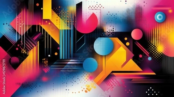 Fototapeta Abstract geometric designs with vibrant postmodern symbols and deconstructed shapes, ideal for high-tech prints and poster art