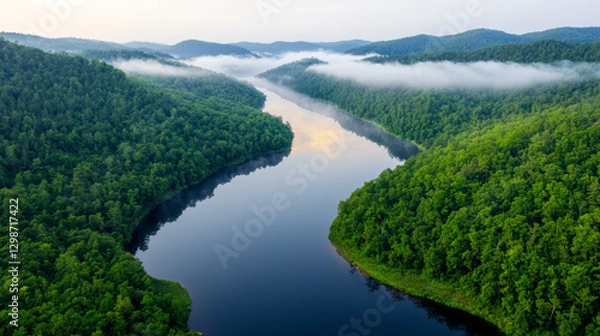 Fototapeta Tranquil river valley views. serene river valley blanketed in early morning mist, surrounded by lush green forests
