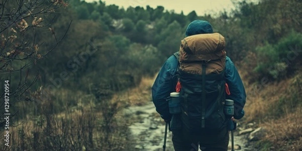 Fototapeta Adventurous hiker navigating a rugged trail in a forest during a cloudy day