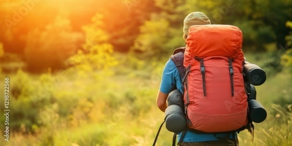 Obraz Hiker exploring a scenic trail during golden hour in a lush green forest