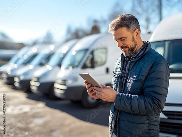 Fototapeta Man holding tablet near fleet of white delivery vans