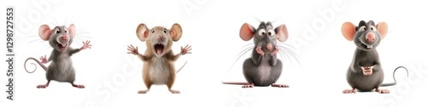 Obraz Four adorable cartoon mice with various expressions and hand gestures