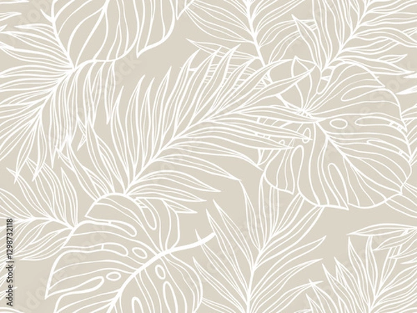 Fototapeta Seamless Tropical Leaf Pattern Featuring Monstera and Palm Leaves in Beige and White. Vector illustration