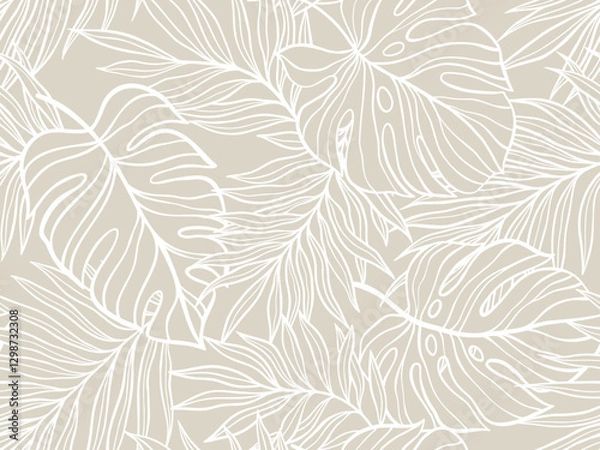Fototapeta Tropical Palm and Monstera Leaf Pattern in Elegant Beige and White Aesthetic Design. Vector illustration
