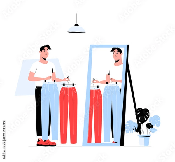 Fototapeta Man Choosing Between Two Pairs Of Pants In Flat Vector Illustration Symbolizing Fashion Choices, Personal Style, And Shopping, Isolated On White Background.