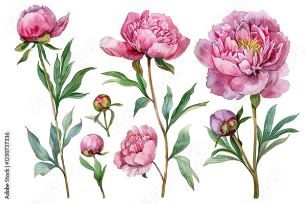 Fototapeta Watercolor Peonies Set. Delicate Pink Flowers. Hand-Drawn Elements Isolated On Black Background
