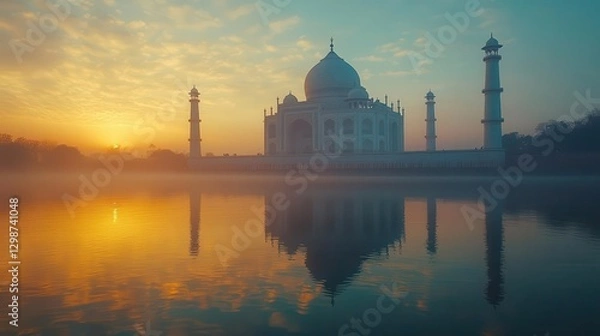 Obraz A scenic shot of the Taj Mahal at sunrise, reflecting in the water, Travel destinations, Majestic and serene