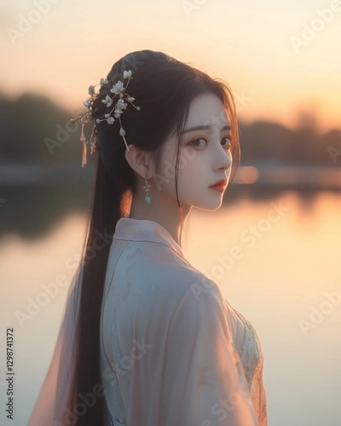 Fototapeta Hyperrealistic photograph of a young Chinese woman dressed in an elegant Hanfu with flowing silk sleeves, standing by a tranquil lake at sunset.