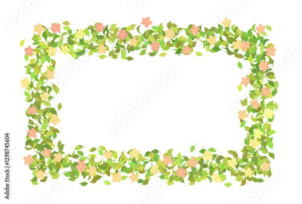 Fototapeta 緑の葉っぱと花のフレーム　春　カラフル