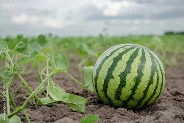 Fototapeta A green striped watermelon rests in a field of crops