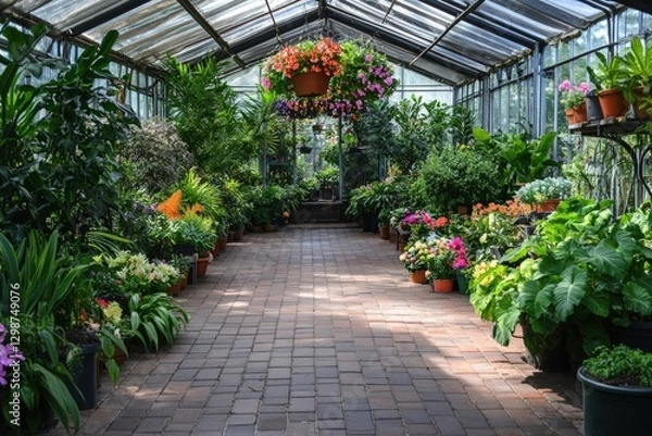 Obraz The tranquil path in the greenhouse leads through vibrant flowers and flourishing greenery, offering a serene escape among naturers beauty.