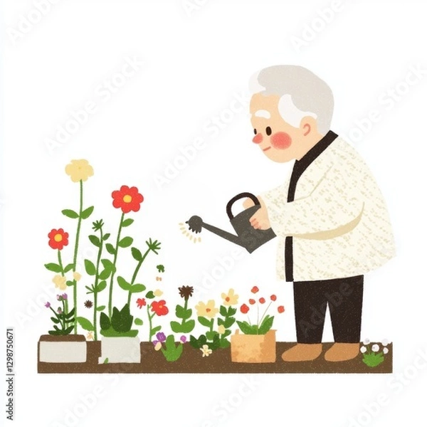 Fototapeta An elderly person is watering colorful flowers in pots, enjoying gardening and nurturing plants in a cheerful setting.