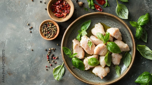 Fototapeta Fresh chicken pieces garnished with basil leaves on rustic plate, surrounded by spices