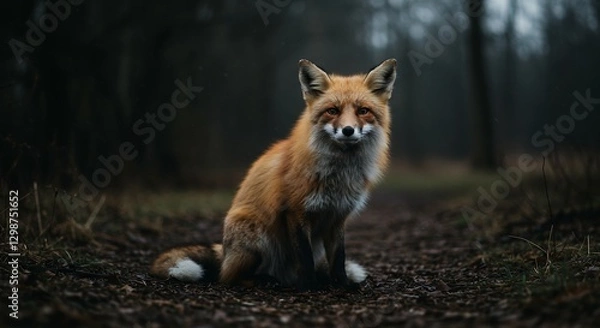 Fototapeta Red Fox Sitting on a Forest Path Surrounded by Trees in a Rainy Mood