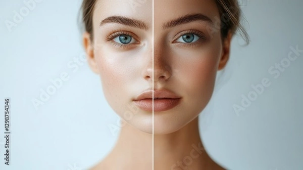 Obraz A split-face portrait of a woman showcasing a makeup transformation. One side natural, the other bold and stylish. A striking contrast in beauty and self-expression.