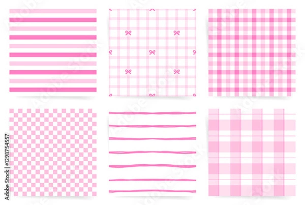 Obraz Cute Pink Gingham and Striped Pattern Set with Bows for Feminine and Playful Designs
