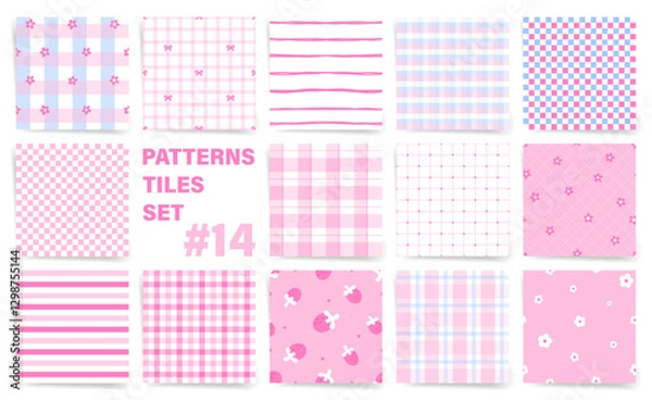 Fototapeta Cute pink patterns tiles set with checks, bows, stripes, and flowers. Cute Pink and Pastel Seamless Pattern Set with Gingham, Floral, and Striped Designs