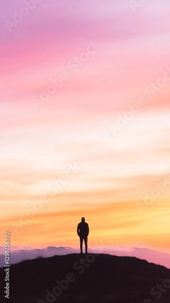 Fototapeta man hilltop pastel sunrise