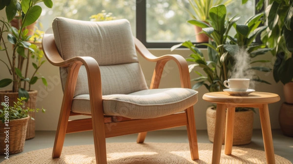 Fototapeta cozy armchair with steaming cup of coffee beside it, surrounded by lush plants. Perfect for relaxation and comfort
