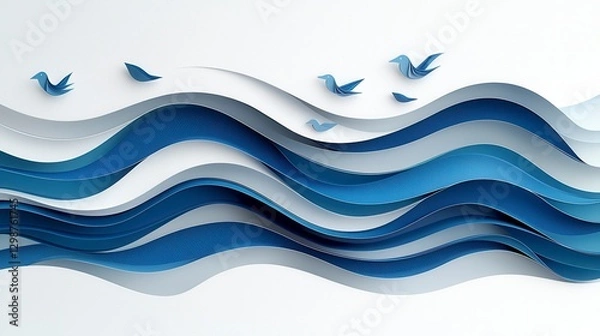 Fototapeta Abstract paper waves with origami birds