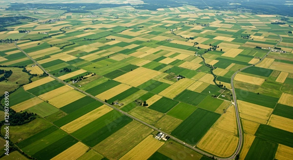 Obraz "An aerial view of expansive farmland with patchwork fields and winding roads, highlighting natural beauty and order."
