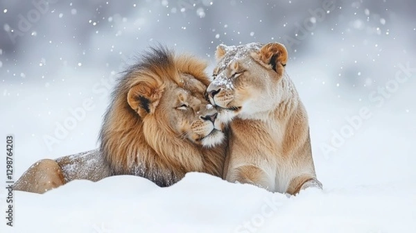 Fototapeta Lions lovingly cuddle during winter in a snowy field to depict animal warmth and affection