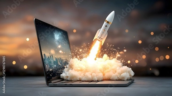 Fototapeta A digital marketing growth concept showcasing a rocket bursting out of a laptop radiating energy and momentum  The professional office background emphasizes speed transformation