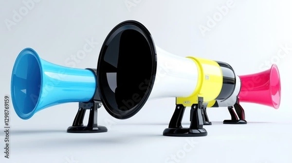 Obraz Four colored megaphones on a light background