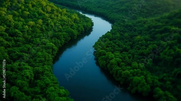 Fototapeta Aerial view of river flowing through lush green forest