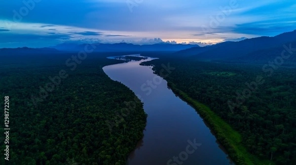 Fototapeta Serene river meanders through lush rainforest at dusk. Background mountains. Travel brochure