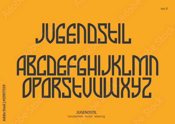 Fototapeta Vector alphabet set. Capital letters in the Art Nouveau style, Egyptian graphics. Black letters on a yellow background.