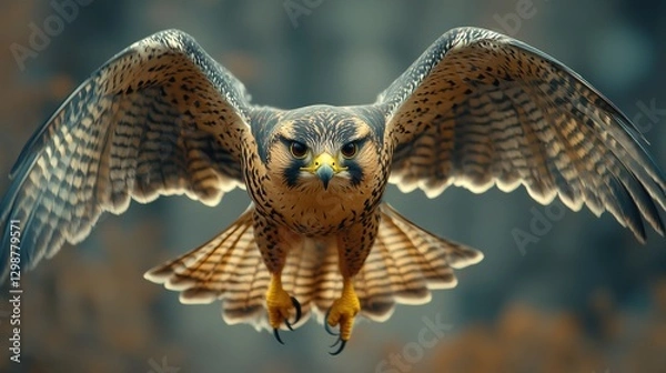 Fototapeta Majestic falcon gliding through the air with wings wide open near a forest