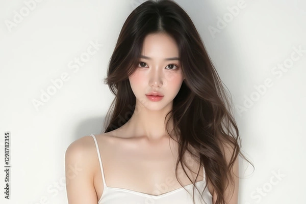 Obraz Asian Female in Studio Setting - Young Woman on White Background with Soft Shadows - Styled Long Hair - Portrait of Eastern Beauty for Fashion or Cosmetic Model - Photoshoot Modelling