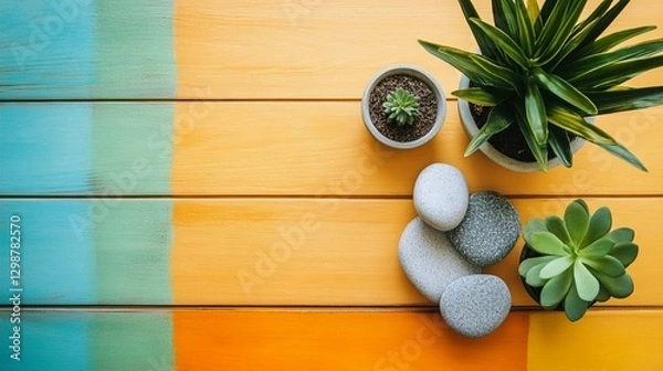 Fototapeta Colorful wooden table with green plants and smooth gray stones creates a vibrant, calming atmosphere. Energetic colors blend with natural elements for a tranquil visual experience.